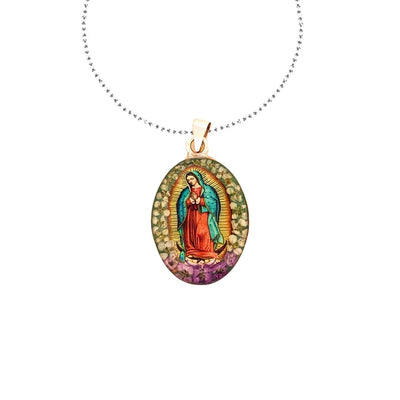 Our Lady of Guadalupe Oval Necklace w/ Pressed Flowers 18 - inch - Guadalupe Gifts