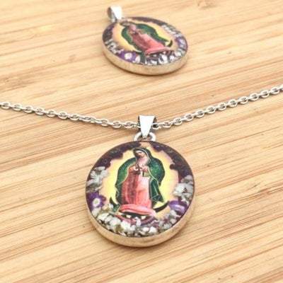 Our Lady of Guadalupe Oval Necklace w/ Pressed Flowers 18 - inch - Guadalupe Gifts