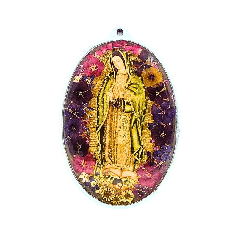 Our Lady of Guadalupe Oval - Shaped Wall Frame w/ Pressed Flowers 6" x 4" - Guadalupe Gifts