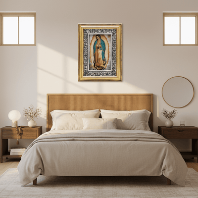 Our Lady of Guadalupe Painting with Hand - Carved Wood Frame 21" x 16" x 1.5" - Guadalupe Gifts