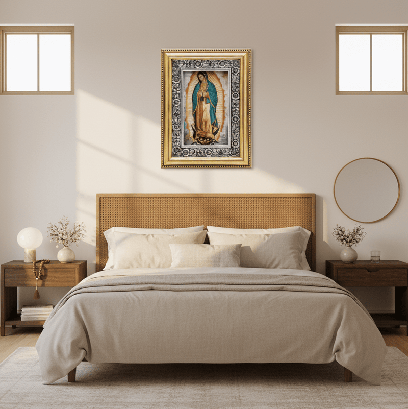 Our Lady of Guadalupe Painting with Hand - Carved Wood Frame 21" x 16" x 1.5" - Guadalupe Gifts