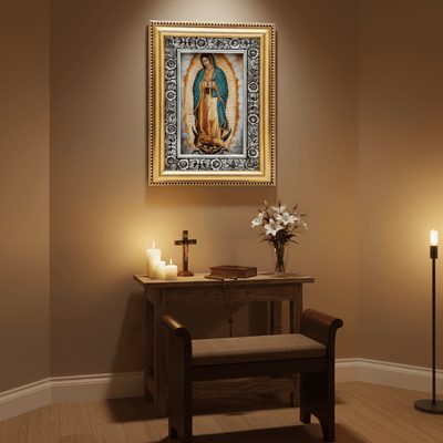 Our Lady of Guadalupe Painting with Hand - Carved Wood Frame 21" x 16" x 1.5" - Guadalupe Gifts