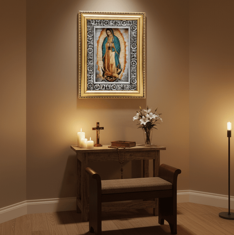Our Lady of Guadalupe Painting with Hand - Carved Wood Frame 21" x 16" x 1.5" - Guadalupe Gifts