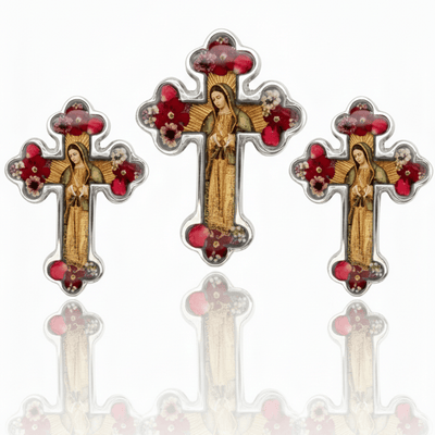Our Lady of Guadalupe Small Baroque Cross w/ Pressed Flowers 4.5" - Guadalupe Gifts