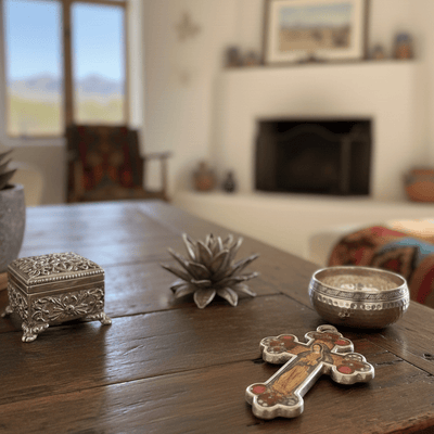 Our Lady of Guadalupe Small Baroque Cross w/ Pressed Flowers 4.5" - Guadalupe Gifts