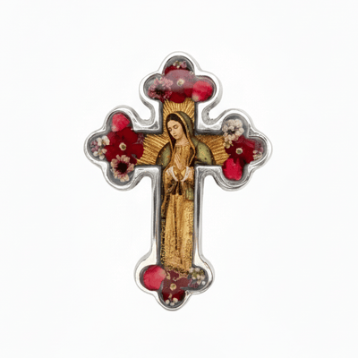 Our Lady of Guadalupe Small Baroque Cross w/ Pressed Flowers 4.5" - Guadalupe Gifts