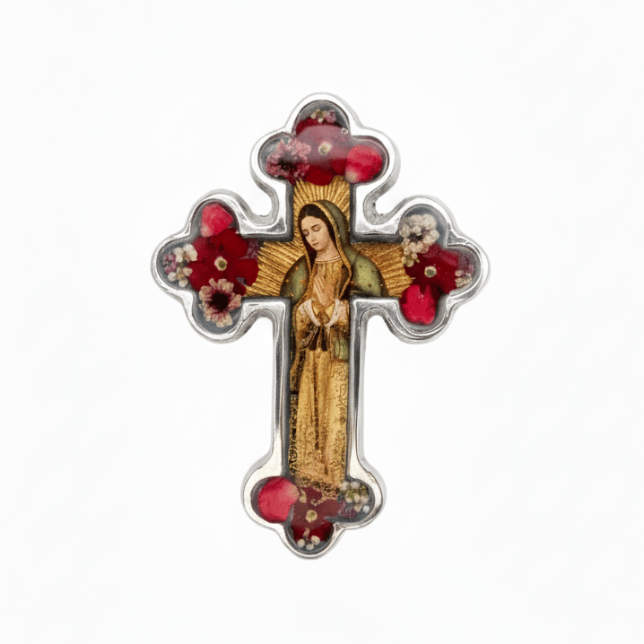 Our Lady of Guadalupe Small Baroque Cross w/ Pressed Flowers 4.5" - Guadalupe Gifts
