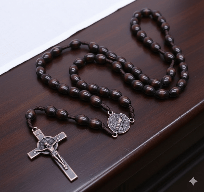 Red Oak Wooden Saint Benedict Medal Rosary Beads 20 - inch - Guadalupe Gifts