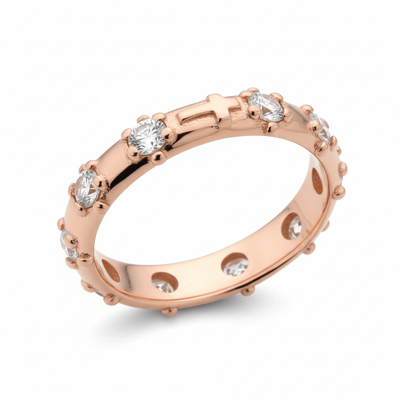 Rose Gold - Plated over Silver White Cubic Zirconias Rosary Ring - Guadalupe Gifts
