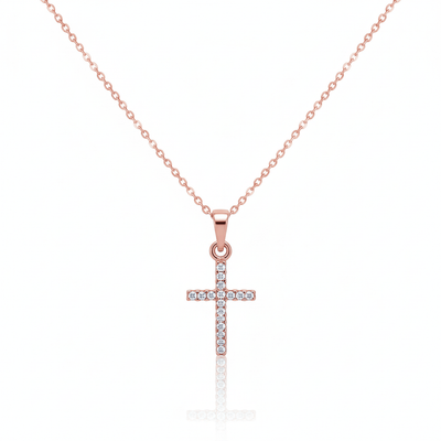 Rose Gold Vermeil Clear CZ Cross Necklace 18 - inch - Guadalupe Gifts
