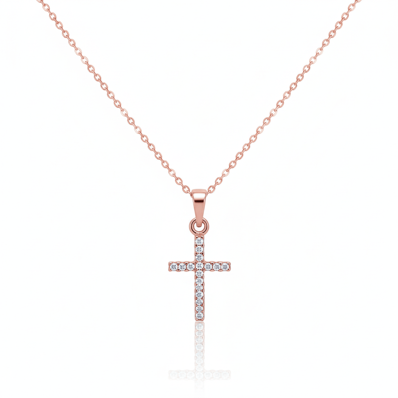 Rose Gold Vermeil Clear CZ Cross Necklace 18 - inch - Guadalupe Gifts