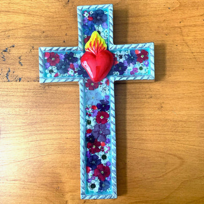 Sacred Heart Baroque Wall Large Cross w/ Pressed Flowers 8.5" - Guadalupe Gifts