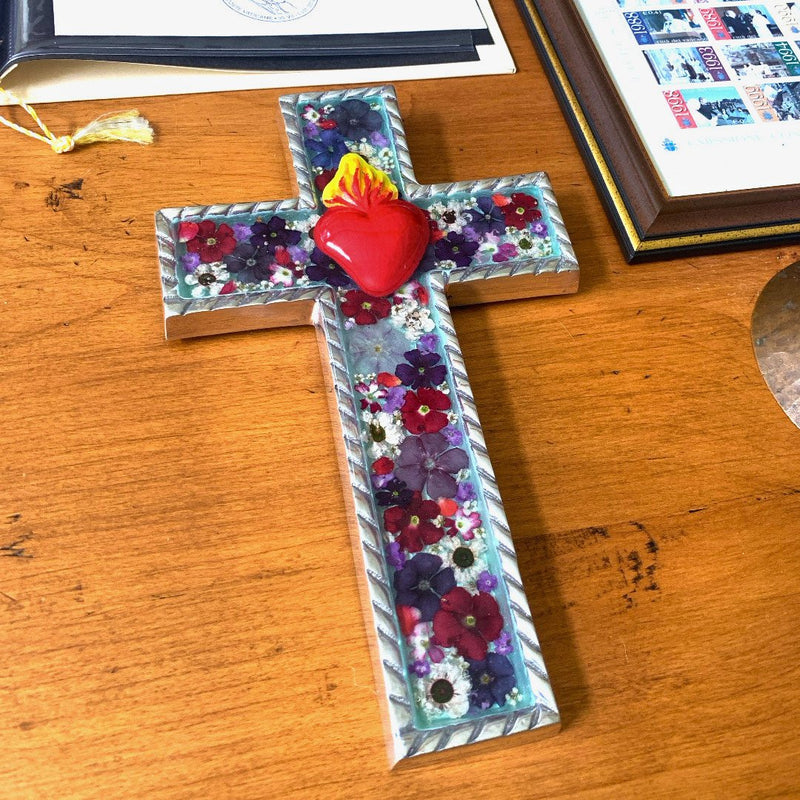 Sacred Heart Baroque Wall Large Cross w/ Pressed Flowers 8.5" - Guadalupe Gifts