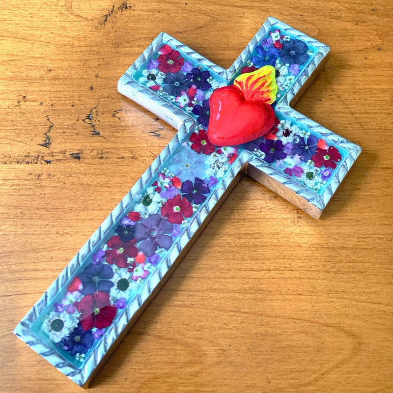 Sacred Heart Baroque Wall Large Cross w/ Pressed Flowers 8.5" - Guadalupe Gifts