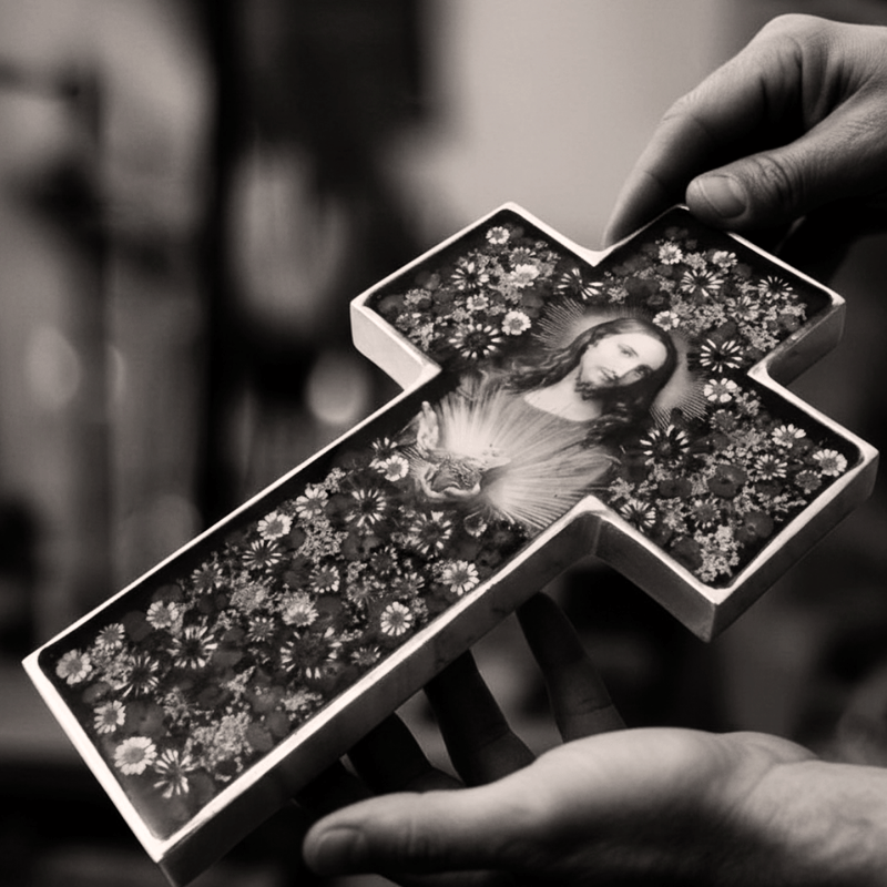 Sacred Heart Grand Wall Cross w/ Pressed Flowers 11" - Guadalupe Gifts