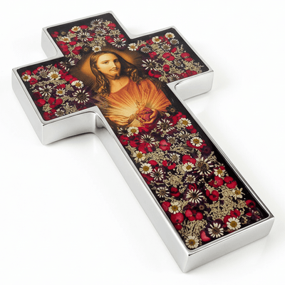 Sacred Heart Grand Wall Cross w/ Pressed Flowers 11" - Guadalupe Gifts
