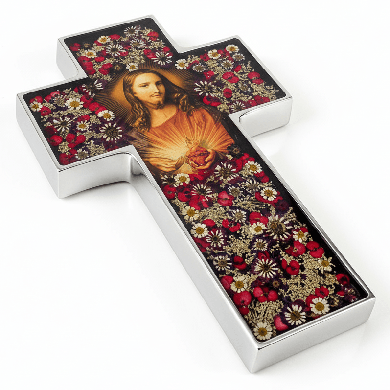 Sacred Heart Grand Wall Cross w/ Pressed Flowers 11" - Guadalupe Gifts
