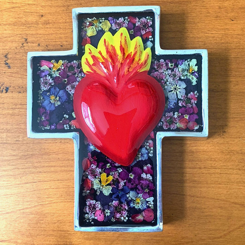 Sacred Heart Wall Wide Cross w/ Pressed Flowers 6.5" - Guadalupe Gifts