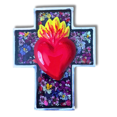 Sacred Heart Wall Wide Cross w/ Pressed Flowers 6.5" - Guadalupe Gifts