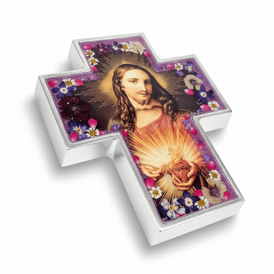 Sacred Heart Wide Wall Cross w/ Pressed Flowers 6.5" - Guadalupe Gifts
