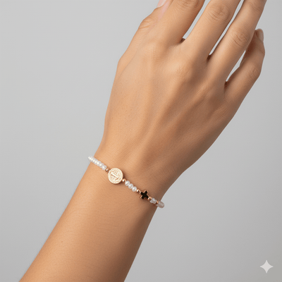 Saint Benedict Blessing Stretch Bracelet with Gold Cross & Clear Crystal Beads - Guadalupe Gifts