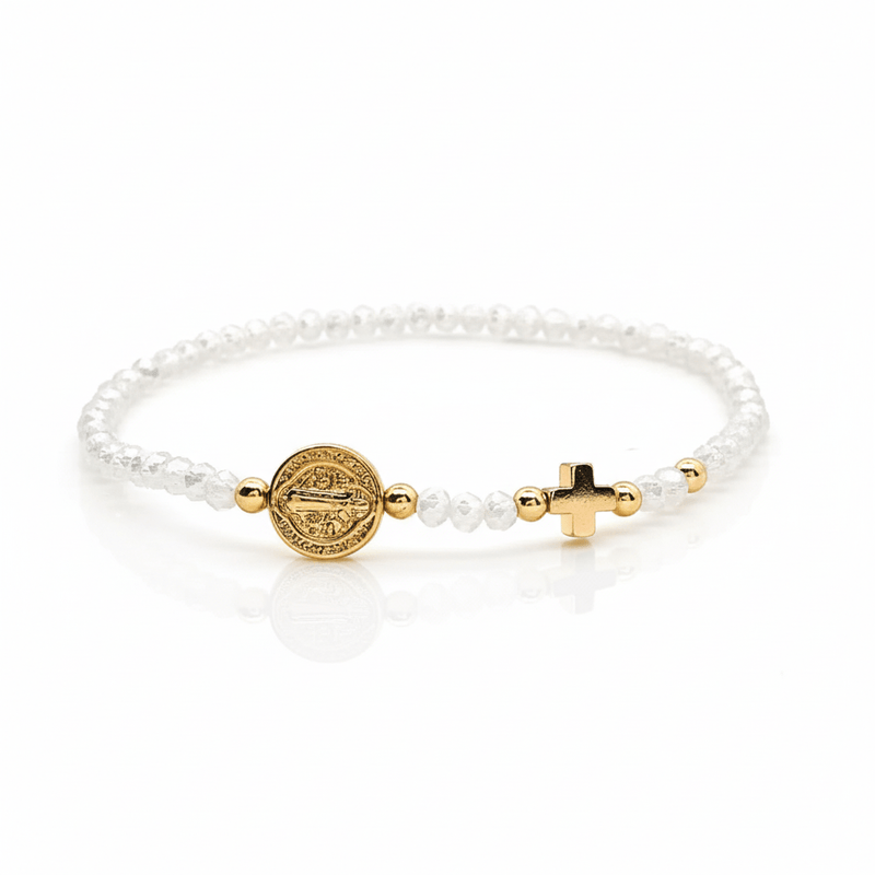 Saint Benedict Blessing Stretch Bracelet with Gold Cross & Clear Crystal Beads - Guadalupe Gifts