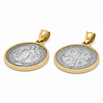 Silver 14k Gold Bezel St Benedict Medal Pendant 0.8" - Guadalupe Gifts