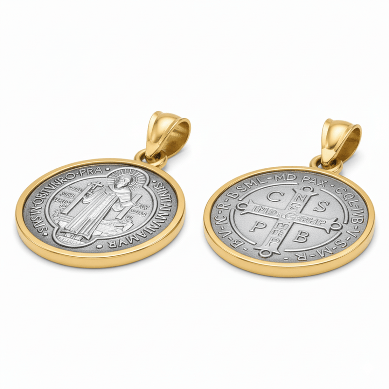 Silver 14k Gold Bezel St Benedict Medal Pendant 0.8" - Guadalupe Gifts