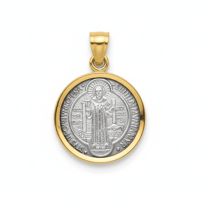 Silver 14k Gold Bezel St Benedict Medal Pendant 0.8" - Guadalupe Gifts