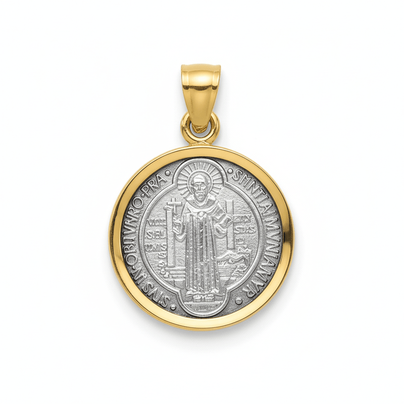 Silver 14k Gold Bezel St Benedict Medal Pendant 0.8" - Guadalupe Gifts