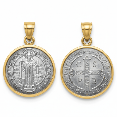 Silver 14k Gold Bezel St Benedict Medal Pendant 0.8" - Guadalupe Gifts