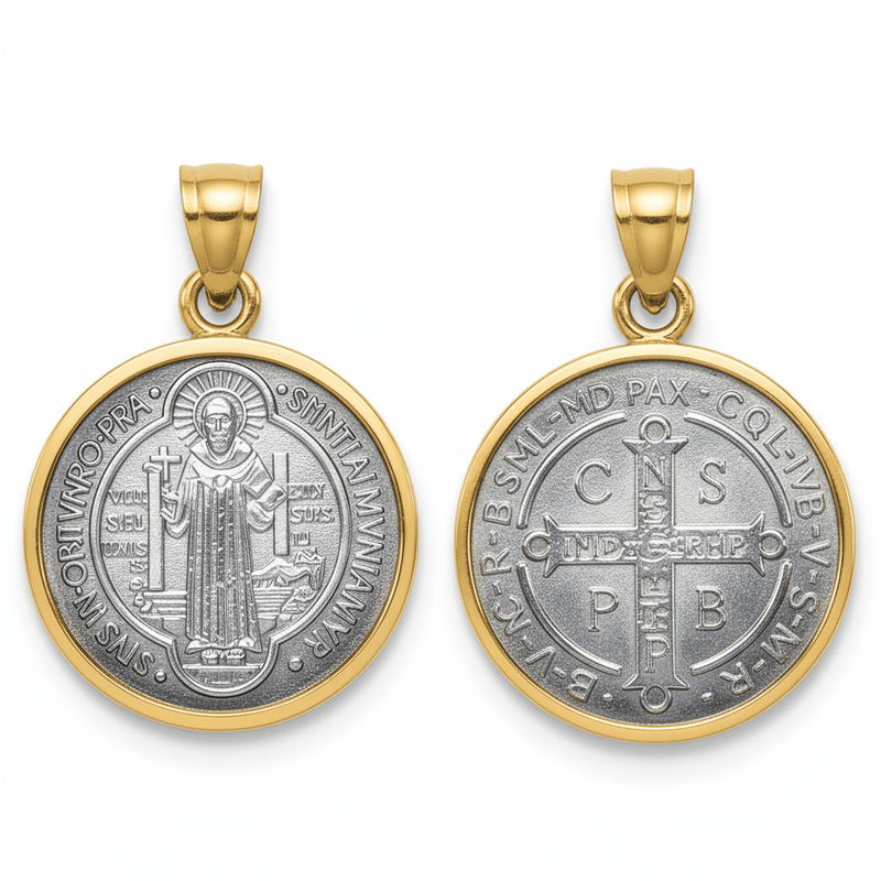 Silver 14k Gold Bezel St Benedict Medal Pendant 0.8" - Guadalupe Gifts
