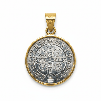 Silver 14k Gold Bezel St Benedict Medal Pendant 0.8" - Guadalupe Gifts