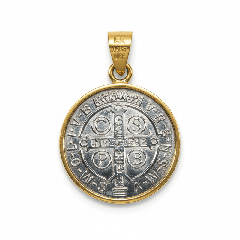 Silver 14k Gold Bezel St Benedict Medal Pendant 0.8" - Guadalupe Gifts