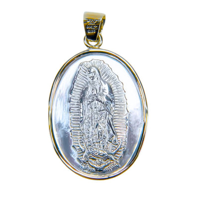 Silver 14k Gold Bezel Virgen de Guadalupe Grand Classic Medal 1.5" X 1.1" - Guadalupe Gifts