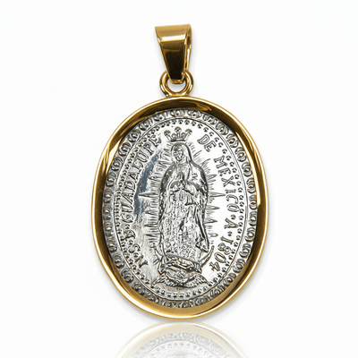 Silver 14k Gold Bezel Virgen de Guadalupe Large Medal 1.2" x 0.9" - Guadalupe Gifts