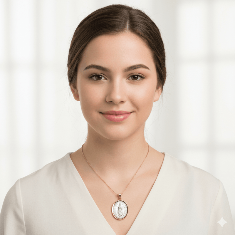 Silver 14k Gold Bezel Virgen de Guadalupe Large Medal 1.2" x 0.9" - Guadalupe Gifts