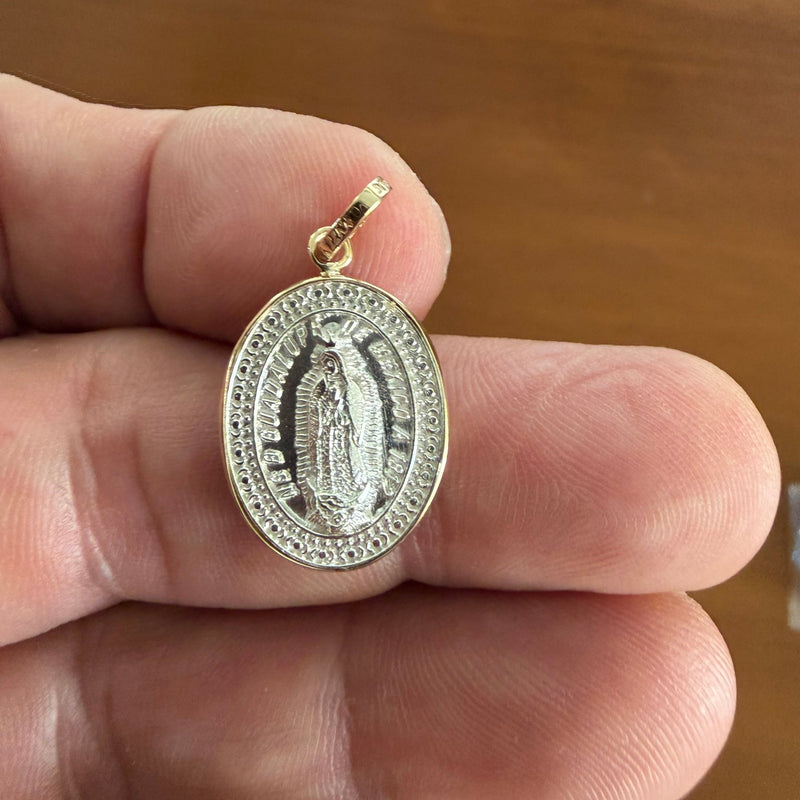 Silver 14k Gold Bezel Virgen de Guadalupe Medal 0.7" x 0.6" - Guadalupe Gifts