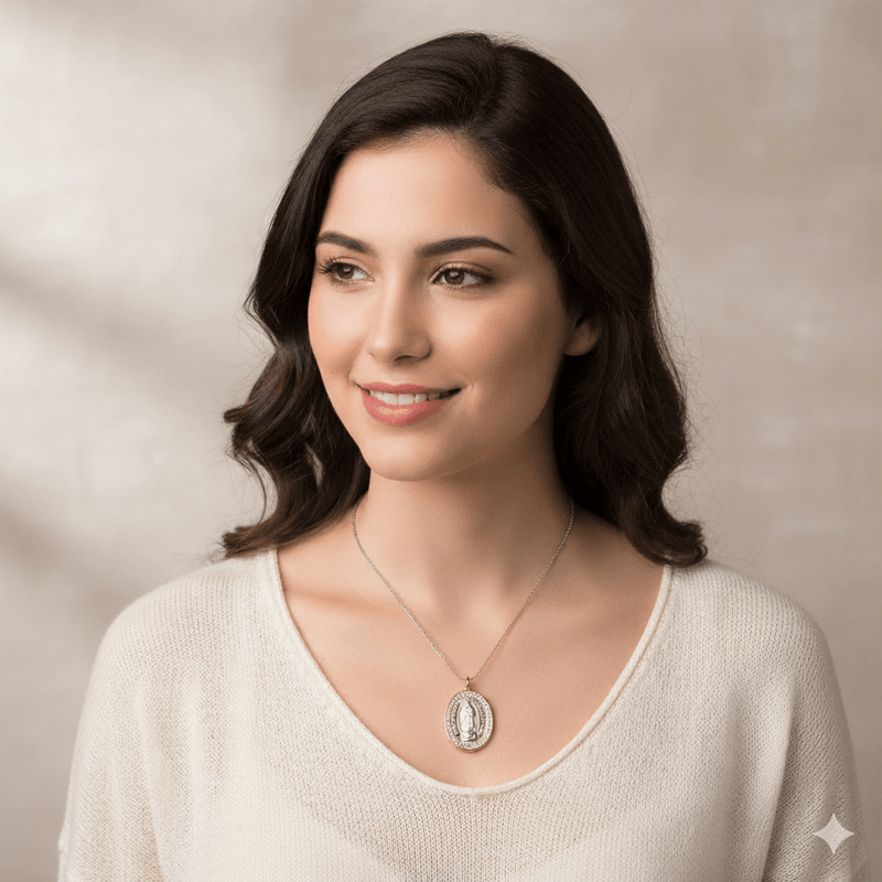 Silver 14k Gold Bezel Virgen de Guadalupe Medal 0.9" x 0.8" - Guadalupe Gifts