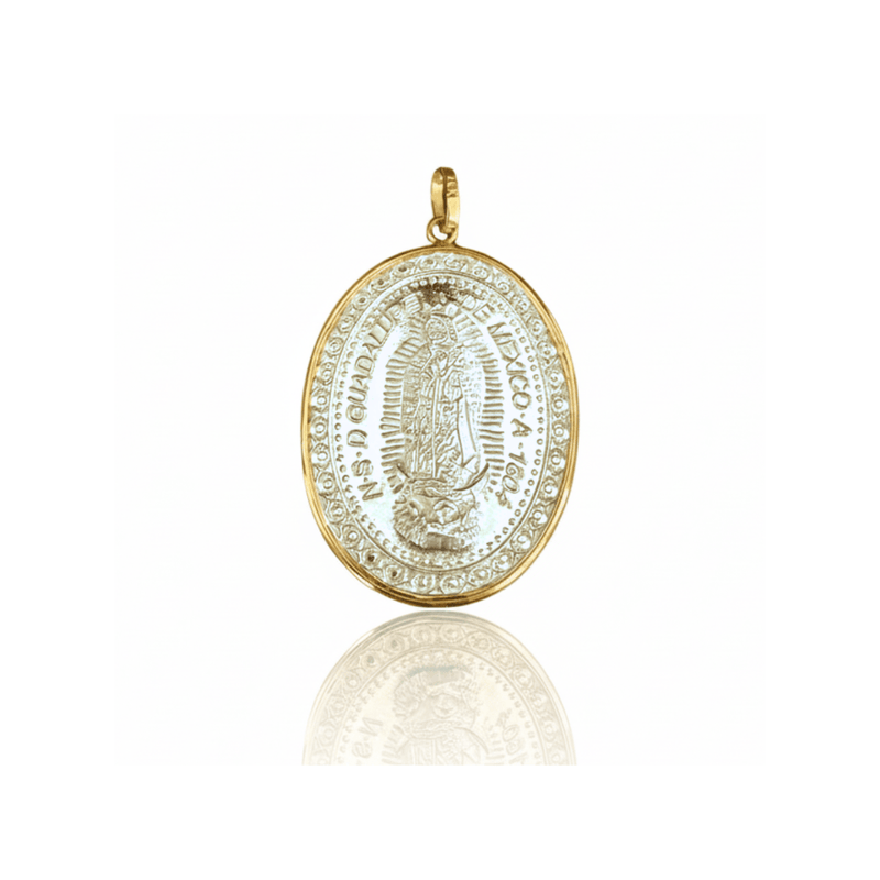 Silver 14k Gold Bezel Virgen de Guadalupe Medal 0.9" x 0.8" - Guadalupe Gifts