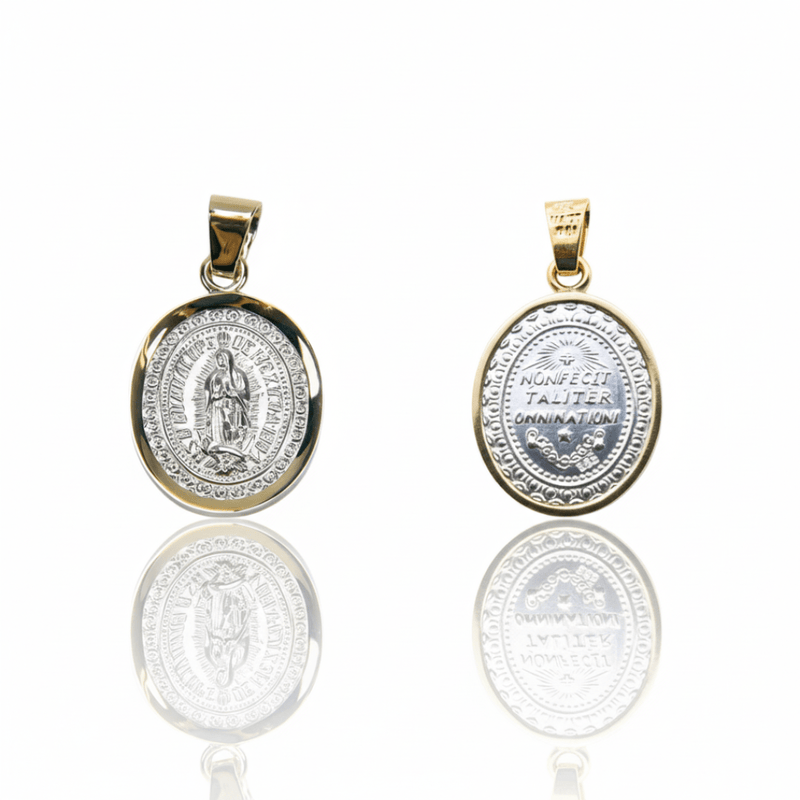 Silver 14k Gold Bezel Virgen de Guadalupe Medal 0.9" X 0.8" - Guadalupe Gifts