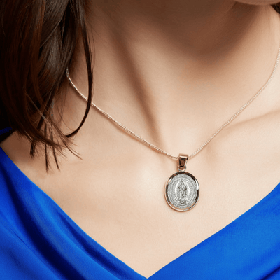 Silver 14k Gold Bezel Virgen de Guadalupe Medal 0.9" X 0.8" - Guadalupe Gifts