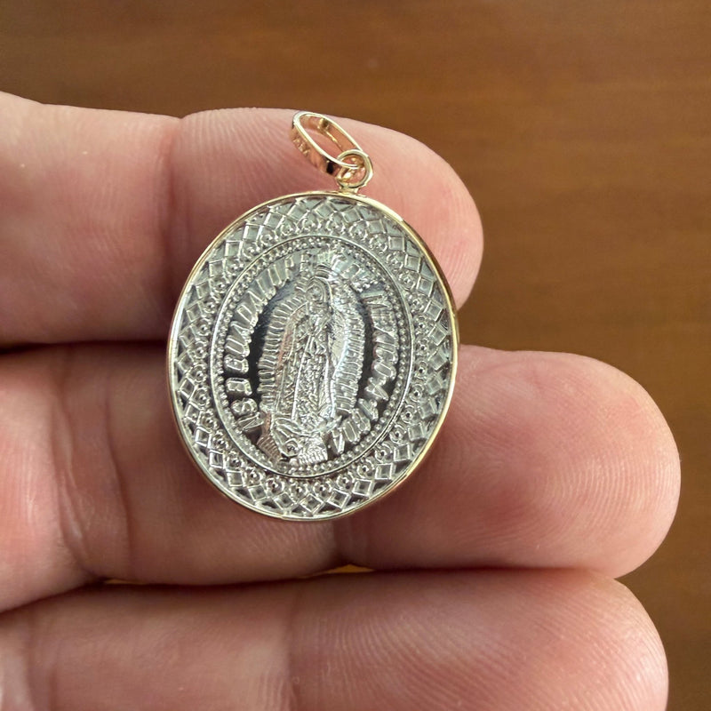 Silver 14k Gold Bezel Virgen de Guadalupe Medal 0.9" x 0.8" - Guadalupe Gifts