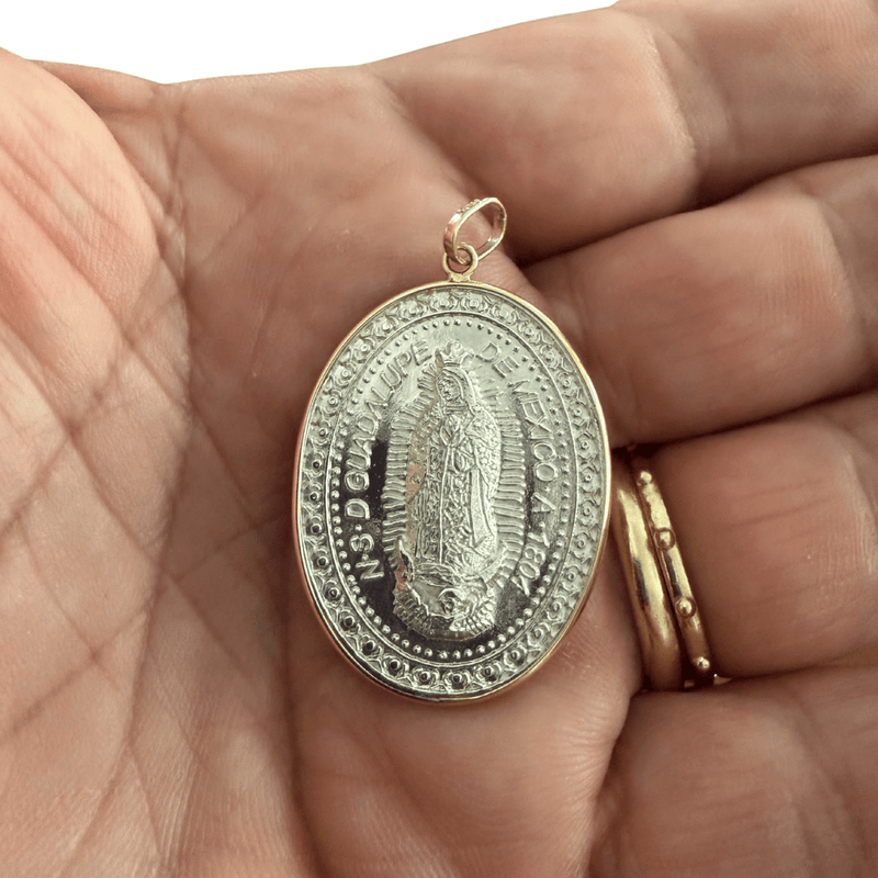 Silver 14k Gold Bezel Virgen de Guadalupe Medal 1.2" x 1" - Guadalupe Gifts