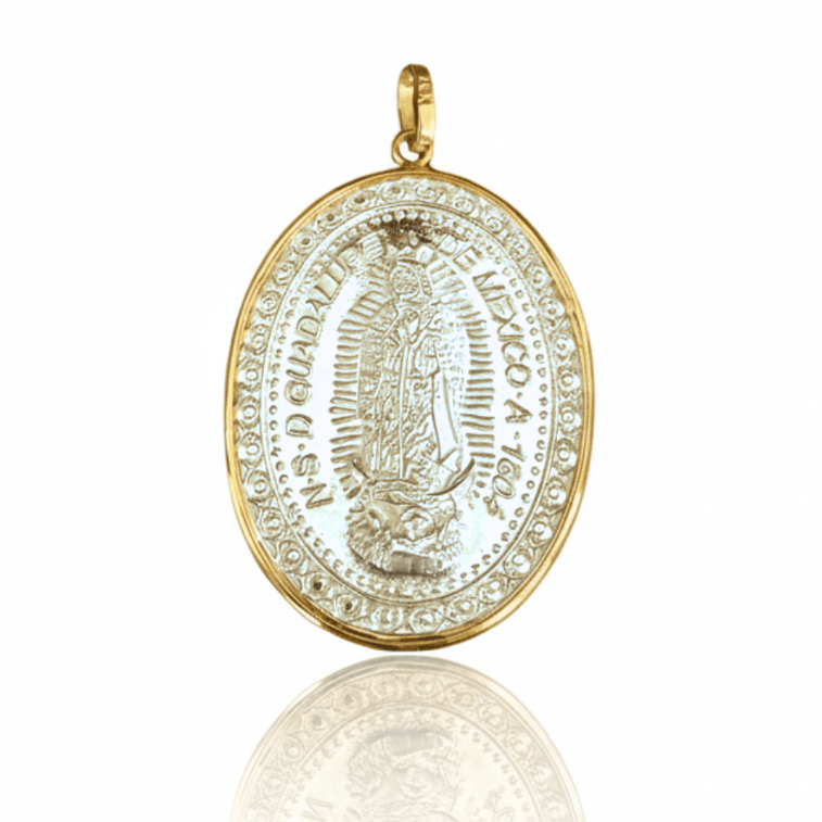 Silver 14k Gold Bezel Virgen de Guadalupe Medal 1.2" x 1" - Guadalupe Gifts