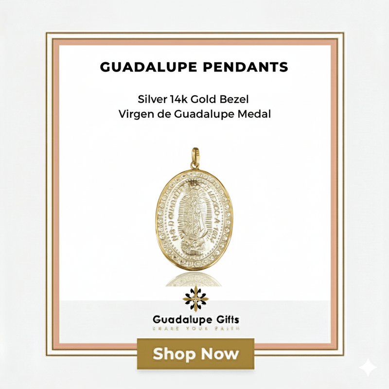 Silver 14k Gold Bezel Virgen de Guadalupe Medal 1.2" x 1" - Guadalupe Gifts