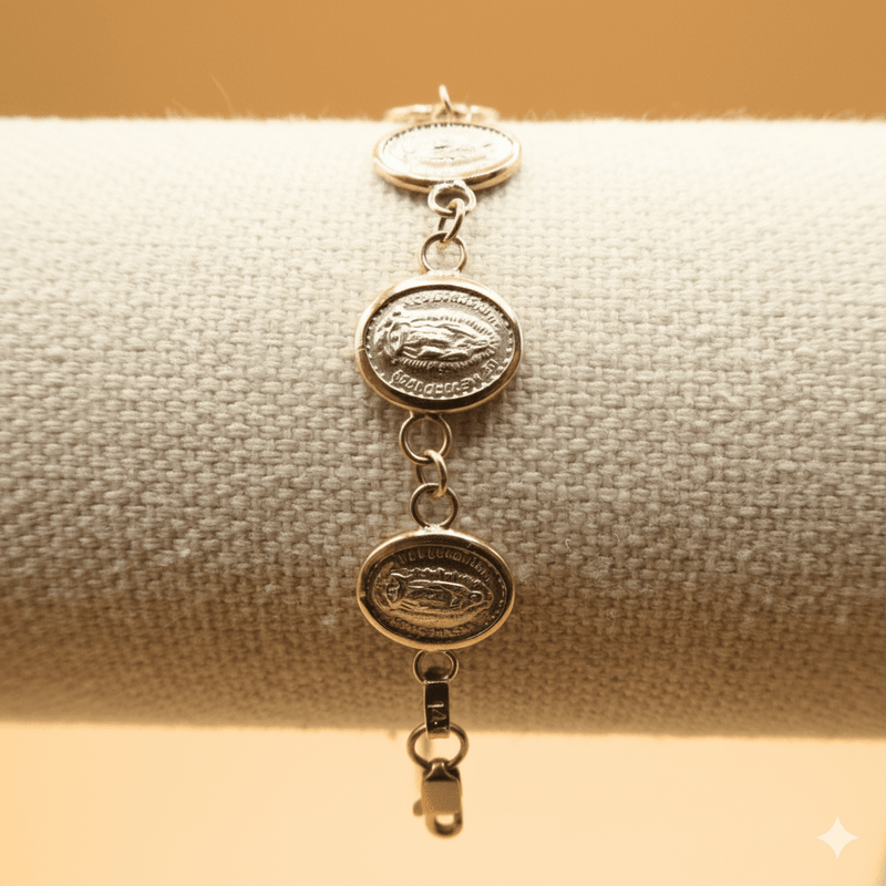 Silver 14k Gold Bezel Virgin of Guadalupe Medals Bracelet | rosary bracelet | decade 6.5 - inch - Guadalupe Gifts