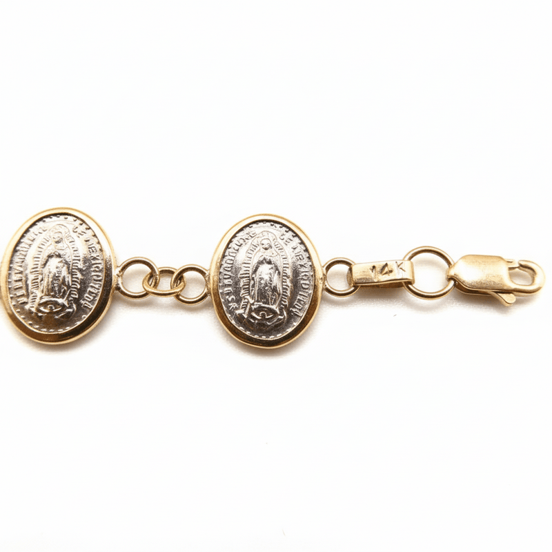 Silver 14k Gold Bezel Virgin of Guadalupe Medals Bracelet | rosary bracelet | decade 6.5 - inch - Guadalupe Gifts