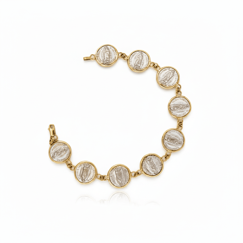 Silver 14k Gold Bezel Virgin of Guadalupe Medals Bracelet | rosary bracelet | decade 6.5 - inch - Guadalupe Gifts