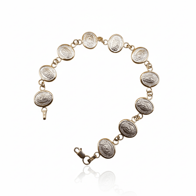 Silver 14k Gold Bezel Virgin of Guadalupe Medals Bracelet | rosary bracelet | decade 6.5 - inch - Guadalupe Gifts